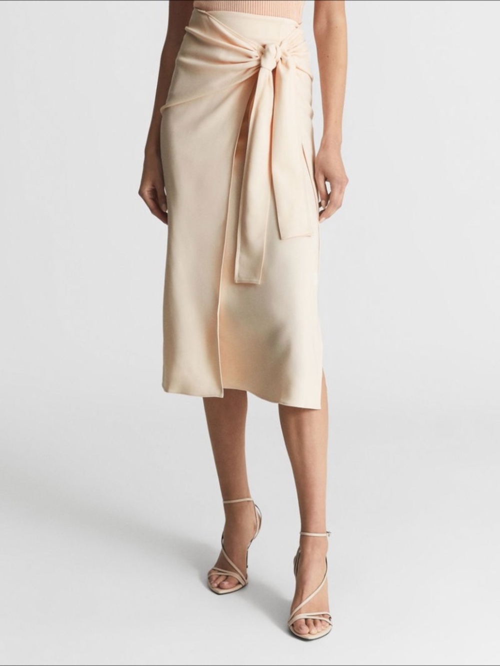 Reiss Alison Tie Waist Midi Pencil Skirt Cream Size 2 NWT